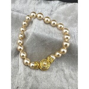 Vintage Nolan Miller‎ Faux Pearl Bracelet Rhinestone 7"